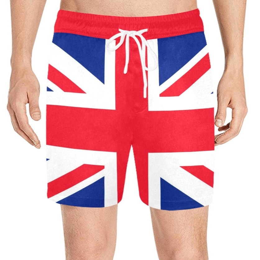 Union Jack Flag UK Men Swim Shorts, British England United Kingdom Beach Trunks Mid Length Pockets Mesh Drawstring Bathing Suit Swimsuit