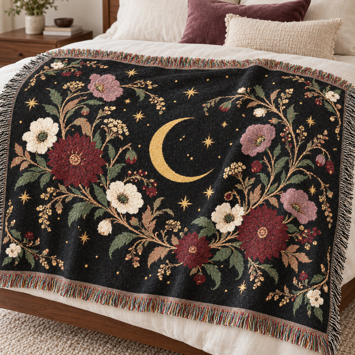 Dark Botanical Floral Woven Throw Blanket Tapestry, Crescent Moon Celestial Cotton Fringe Warm Adult Kids Small Large Bed 50x60 Wall Hanging