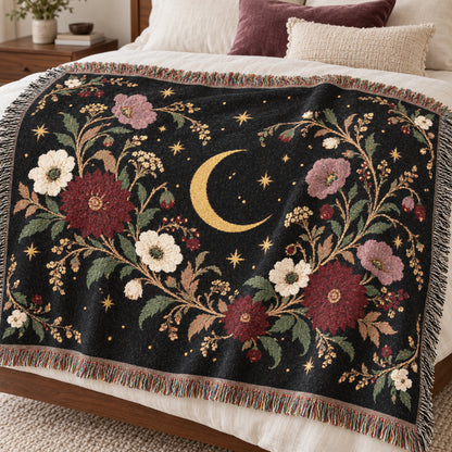 Dark Botanical Floral Woven Throw Blanket Tapestry, Crescent Moon Celestial Cotton Fringe Warm Adult Kids Small Large Bed 50x60 Wall Hanging