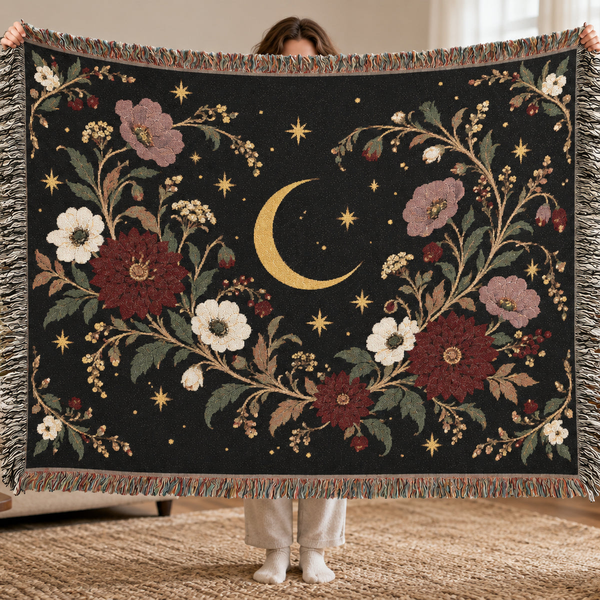 Dark Botanical Floral Woven Throw Blanket Tapestry, Crescent Moon Celestial Cotton Fringe Warm Adult Kids Small Large Bed 50x60 Wall Hanging