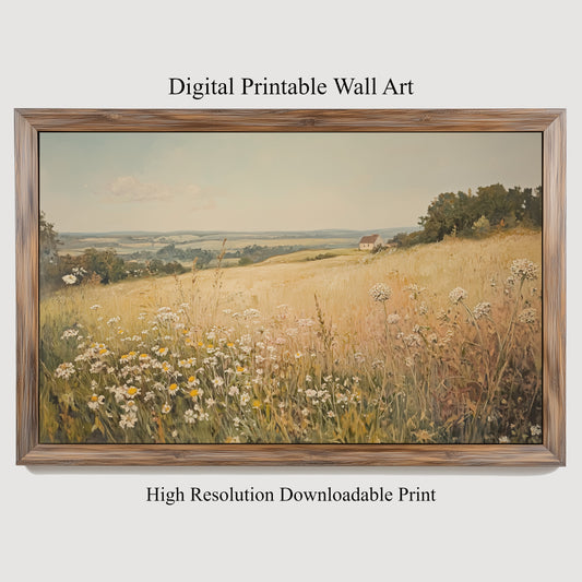 Wildflower Field Digital Wall Art, Cottagecore Vintage Floral Printable High Resolution Painting Instant Download JPG Files Landscape Print