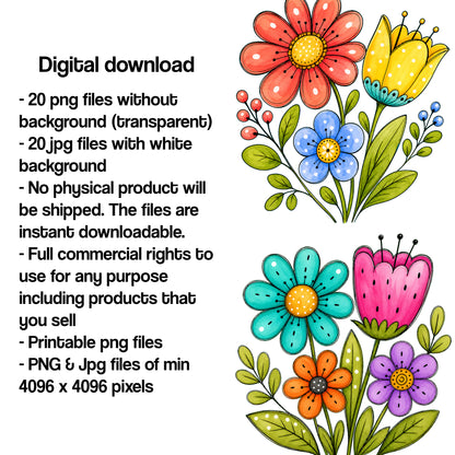 20 Watercolor Flowers Clipart Bundle Digital Instant Download PNG Jpg Files, Whimsical Cute Art Print Free Commercial Use Sublimation Design - Starcove Fashion