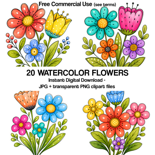 20 Watercolor Flowers Clipart Bundle Digital Instant Download PNG Jpg Files, Whimsical Cute Art Print Free Commercial Use Sublimation Design