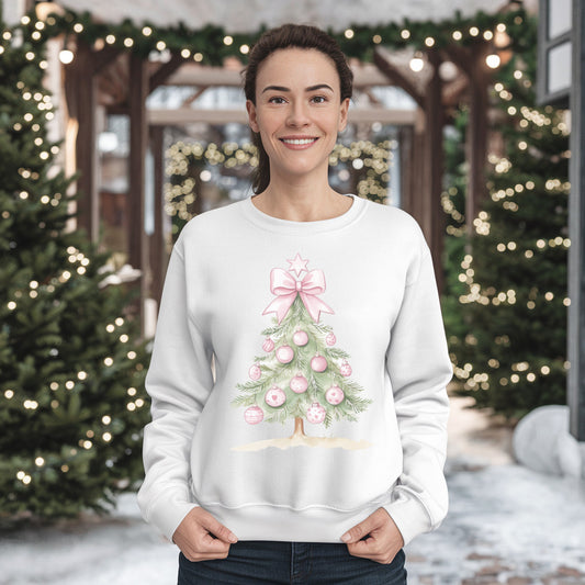 Christmas Tree Pink Bow Sweatshirt,  Coquette Cute Xmas Holiday Print Women Men Vintage Party Winter Holiday Outfit Plus Size Sweater