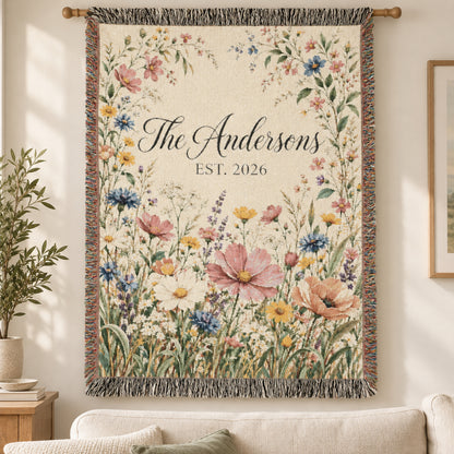 Custom Family Name Woven Blanket Tapestry, Wildflowers Throw Floral Botanical Personalized Wedding Anniversary Engagement Cotton Small Large