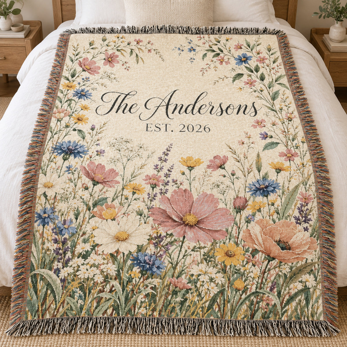 Custom Family Name Woven Blanket Tapestry, Wildflowers Throw Floral Botanical Personalized Wedding Anniversary Engagement Cotton Small Large