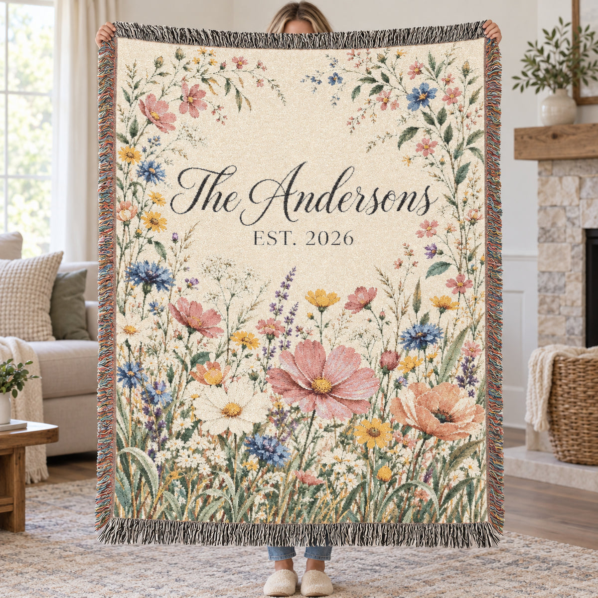 Custom Family Name Woven Blanket Tapestry, Wildflowers Throw Floral Botanical Personalized Wedding Anniversary Engagement Cotton Small Large