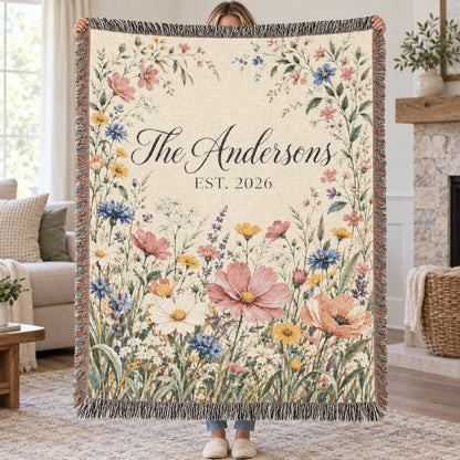 Custom Family Name Woven Blanket Tapestry, Wildflowers Throw Floral Botanical Personalized Wedding Anniversary Engagement Cotton Small Large