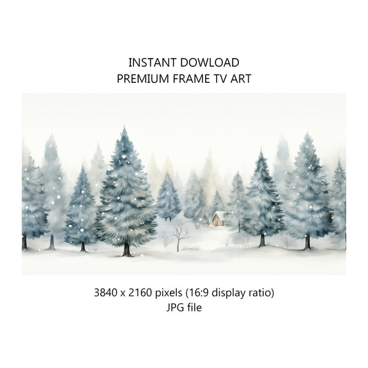 Winter Christmas Pine Trees Frame TV Art, Snow Wonderland Watercolor Samsung Frame Farmhouse Xmas Instant Download Digital Holiday Decor JPG