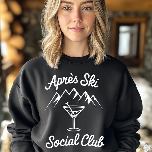 Apres Ski Sweatshirt, Social Club Sweater Women Men Custom Vintage Retro Cotton Winter Vacation Holiday Party Mountain Bachelorette Top