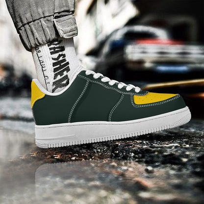 Black and Yellow Leather Shoes, Men Women Vegan Sneakers White Low Top Lace Up Custom Aesthetic Flat Ladies Casual Designer