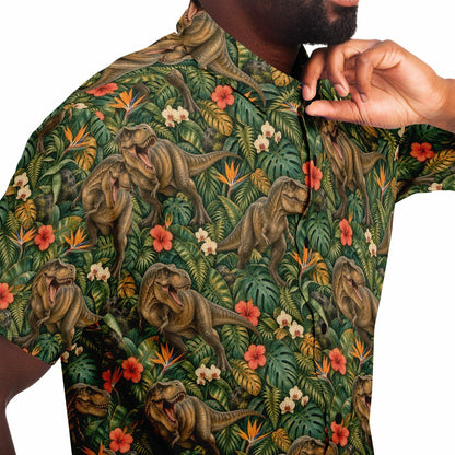 Dinosaur Men Button Up Shirt, T-Rex Dino Jungle Park Short Sleeve Print Casual Buttoned Down Summer Male Guys Collared Designer Dress copy
