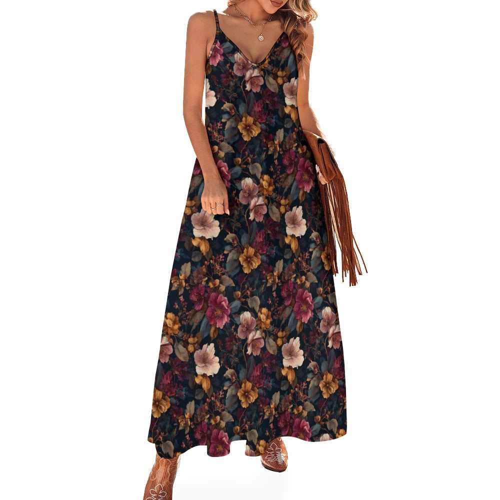 Pink Bordeaux Floral Maxi Dress, Flowers Fall Long Spaghetti Straps Flowy Women Sleeveless Casual Cute Designer Plus Size Cocktail Party Summer