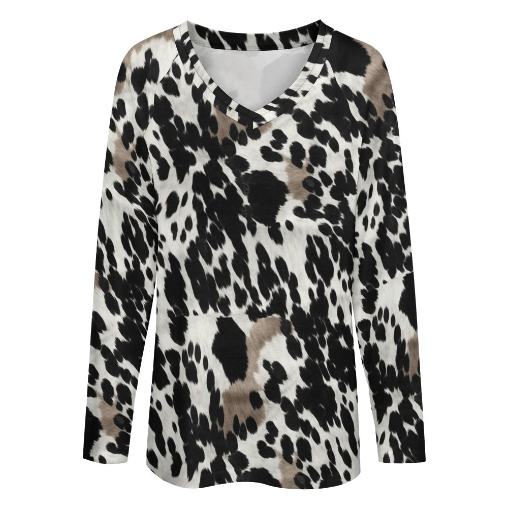 Cow Print Women Long Sleeve Tshirt loose fit, Black Brown Western Animal White Relaxed V-neck Graphic Aesthetic Ladies Female Tee Top Shirt - Starcove Fashion