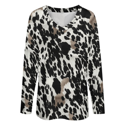 Cow Print Women Long Sleeve Tshirt loose fit, Black Brown Western Animal White Relaxed V-neck Graphic Aesthetic Ladies Female Tee Top Shirt - Starcove Fashion