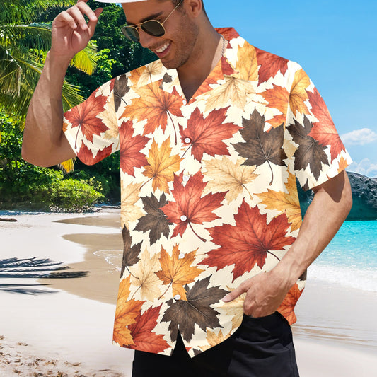 Fall Autumn Hawaiian Men Shirt, Maple Leaf Harvest Thanksgiving Beach Vintage Aloha Hawaii Tropical Plus Size Guys Button Down Vacation