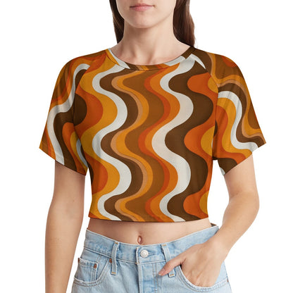 Retro Wavy Stripes Crop Top Tshirt, Brown Orange 70s Belly Tee Women Ladies Adult Cute Aesthetic Graphic Crewneck Festival Y2K Cropped Shirt