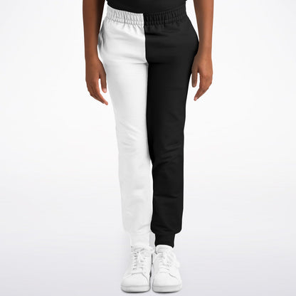 Half Black Half White Kids Joggers Sweatpants Pockets, Two Tone Split Color Block Youth Boys Fleece Fun Comfy Sweats Girls Pants Loungewear