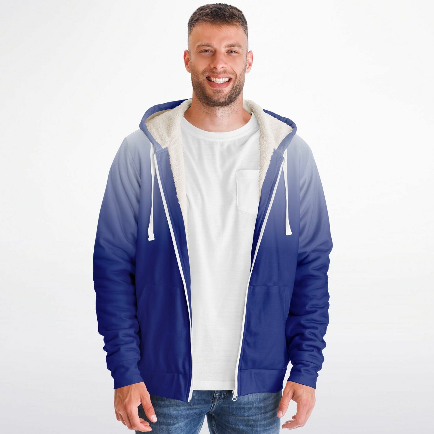 Blue White Ombre Zip Up Fleece Lined Hoodie, Tie Dye Gradient Heavyweight Full Zipper Pocket Men Women Unisex Hooded Sweatshirt Jacket