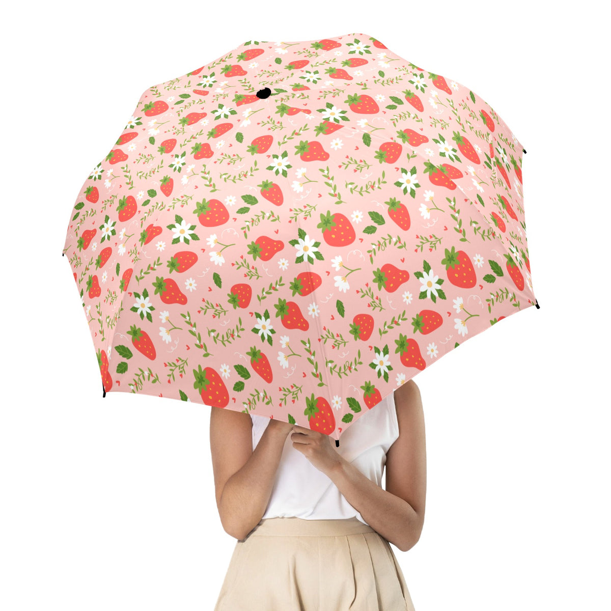 Strawberry Floral Umbrella, Flowers Pink Golf Anti-UV Semi-Automatic Sun Beach Rain Parasol Large Compact Travel Windproof Designer Luxury
