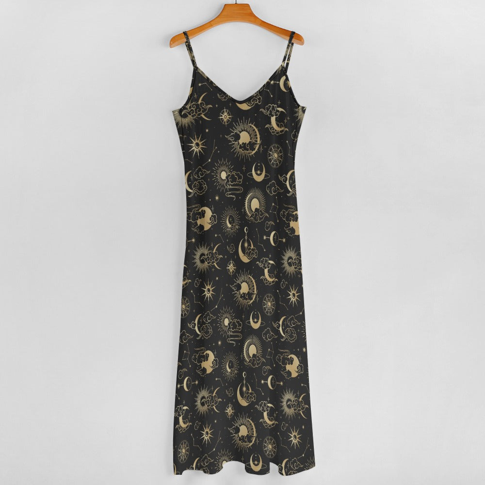 Sun Moon Maxi Dress, Space Constellation Stars Long Spaghetti Straps Flowy Women Sleeveless Designer Plus Size Cocktail Party Summer M / White Sun Moon Maxi Dress, Space Constellation Stars Long Spaghetti Straps Flowy Women Sleeveless Designer Plus Size Cocktail Party Summer M / White