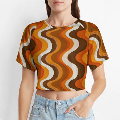 Retro Wavy Stripes Crop Top Tshirt, Brown Orange 70s Belly Tee Women Ladies Adult Cute Aesthetic Graphic Crewneck Festival Y2K Cropped Shirt