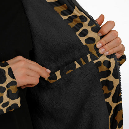 Leopard Hooded Cloak Fleece Jacket, Animal Print Cheetah Zipper Coat Men Women Male Ladies Winter Mink Hooded Parka Wearable Cape Pockets