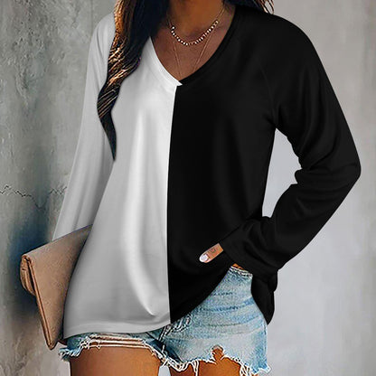 Half Black Half White Women Long Sleeve Tshirt loose fit, Color Block Split 2 Tone Relaxed V-neck Designer Ladies Female Tee Top Shirt
