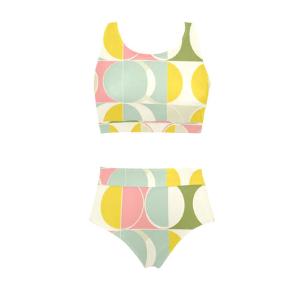 Mid Century Modern Sports Bikini Set, Yellow Retro Vintage High Waisted Cheeky Bottom Crop Halter Top Swimsuits Women Padded Festival