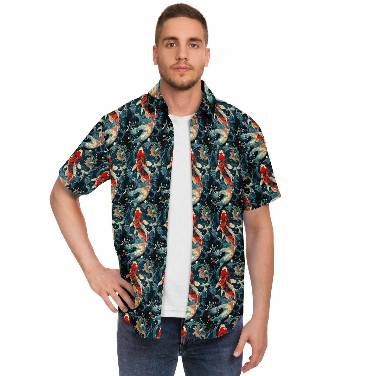 Koi Fish Men Button Up Shirt, Japanese Asian Wave Ocean Beach Short Sleeve Print Casual Buttoned Down Summer Guys Collared Designer Dress