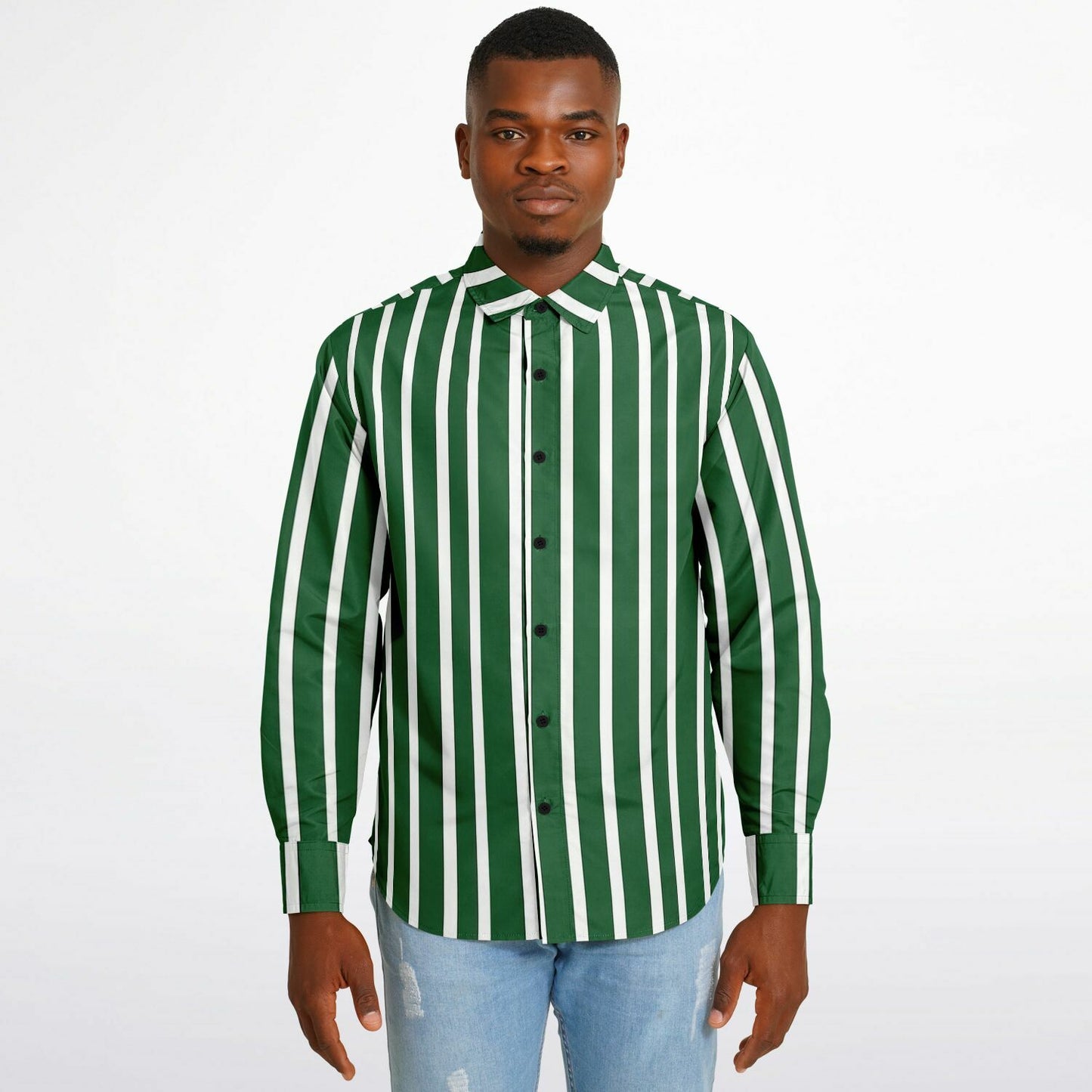 Green White Striped Long Sleeve Men Button Up Shirt, Vertical Stripes Guys Male Print Buttoned Down Collared Graphic Casual Dress Plus Size