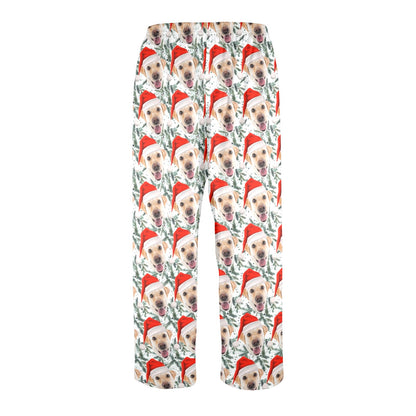 Custom Dog Men Pajamas Pants, Santa Hat Christmas Holidays Personalized PJ Pet Cat Funny Pockets Trousers Guys Family Matching Trousers