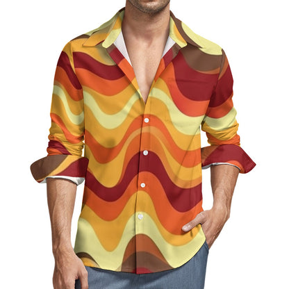 70s Wavy Stripes Long Sleeve Men Button Up Shirt, Retro Vintage Brown – Starcove Fashion