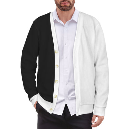 Half Black Half White Men Cardigan, Color Block 2 Tone Male Sweatshirt Sweater Long Sleeve Plus Size V Neck Lightweight Button Up Jumper Top