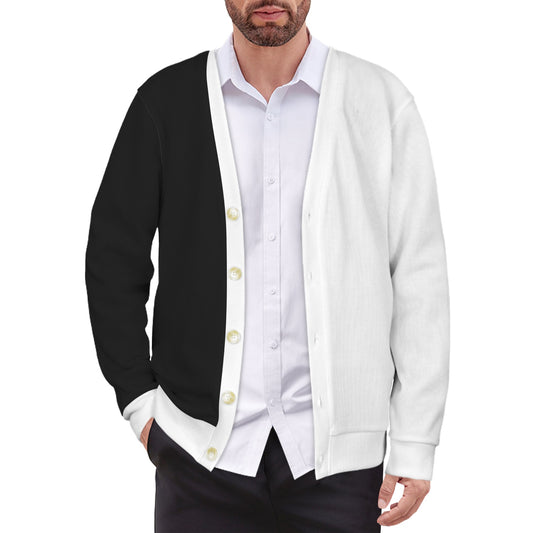 Half Black Half White Men Cardigan, Color Block 2 Tone Male Sweatshirt Sweater Long Sleeve Plus Size V Neck Lightweight Button Up Jumper Top
