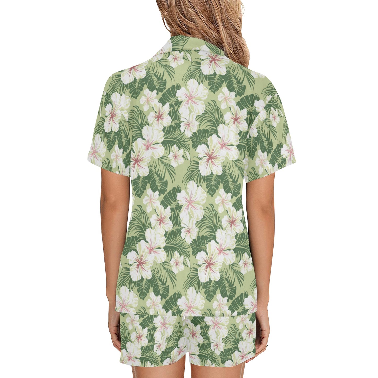 Green Floral Pajamas Set, White Flowers Botanical Sleepwear Short Sleeve Sleep Shirt Shorts Night Plus Size Summer Designer PJs Button Up - Starcove Fashion