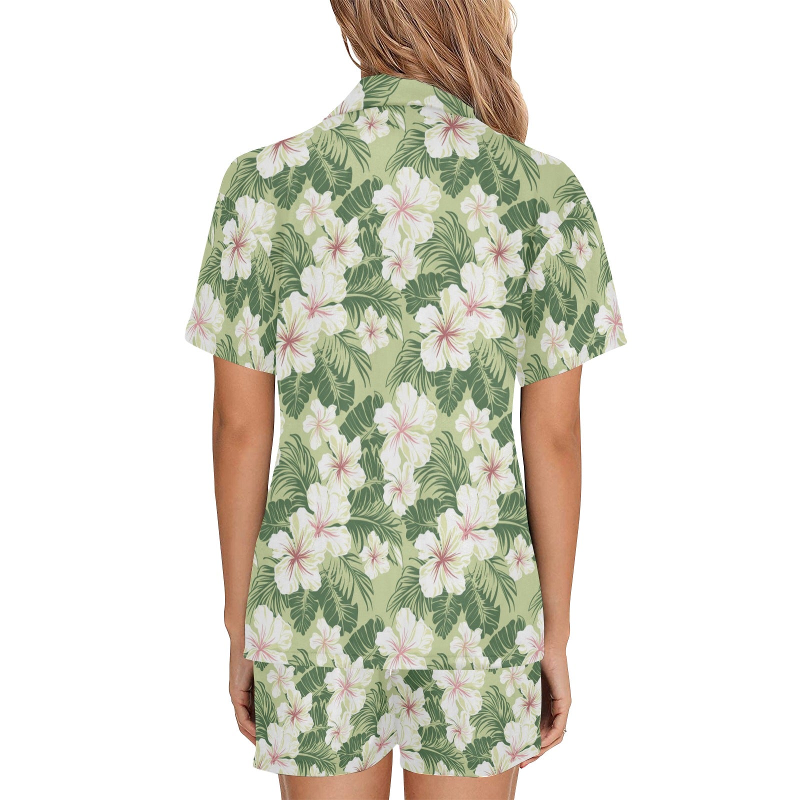 Green Floral Pajamas Set, White Flowers Botanical Sleepwear Short Sleeve Sleep Shirt Shorts Night Plus Size Summer Designer PJs Button Up - Starcove Fashion