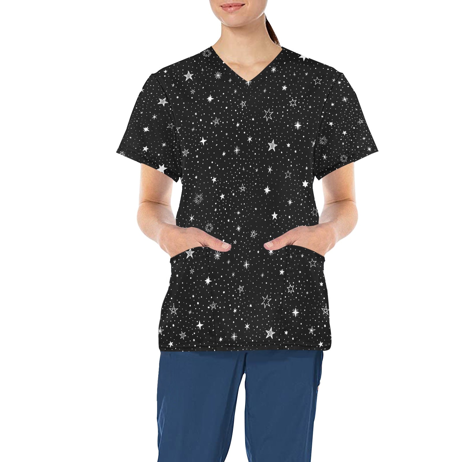 Stars Medical Scrubs Top Women, Space Night Sky Ladies Female Plus Size Nursing Cute Printed Nurse Vet Veterinary Assistant Uniform Pockets - Starcove Fashion
