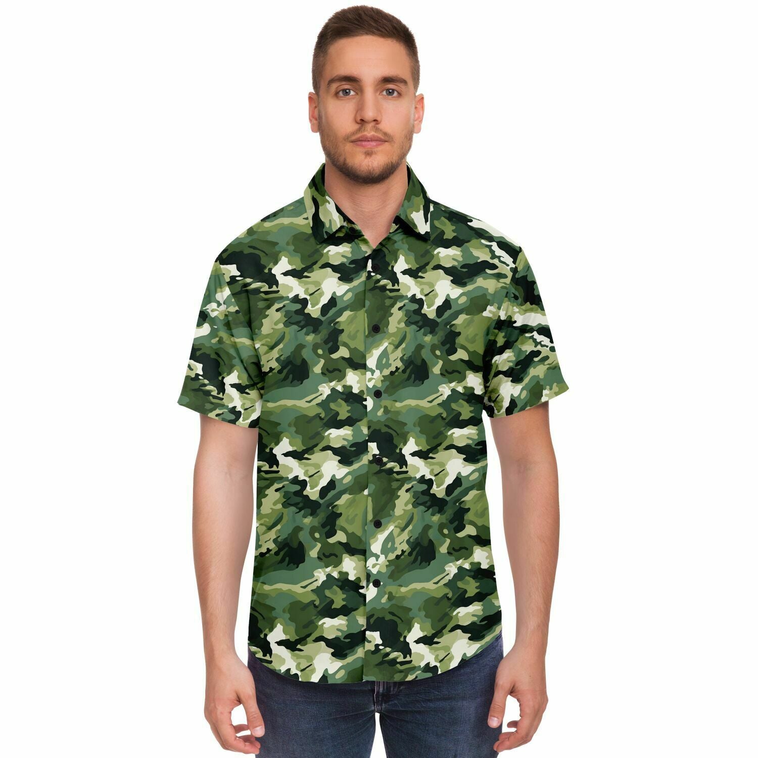 Green Short Sleeve Men Button Up Shirt, Brush Strokes Camo Camouflage Print Casual Buttoned Down Summer Collared Dress Shirt 3XL