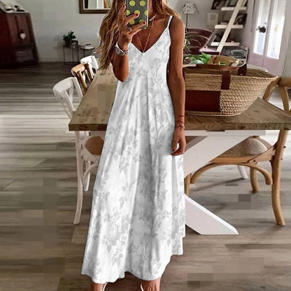 White Floral Maxi Dress, Flowers Long Spaghetti Straps Flowy Women Sleeveless Casual Cute Designer Elegant Plus Size Cocktail Party Summer