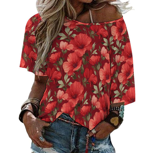Red Floral Off the Shoulder Top Tshirt, Flowers Women Ladies Half Sleeve Shirt Blouse Loose Relaxed Fit Festival Casual Lightweight