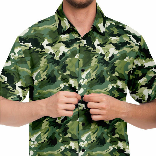 Green Short Sleeve Men Button Up Shirt, Brush Strokes Camo Camouflage Print Casual Buttoned Down Summer Collared Dress Shirt Starcove Fashion