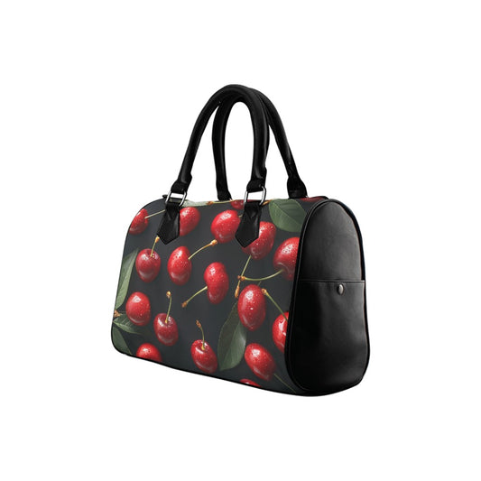 Cherry Print Handbag Purse, Cute Summer Fruit Red Black Art Top Zipper Canvas Leather Top Handle Barrel Type Women Designer Ladies Bag
