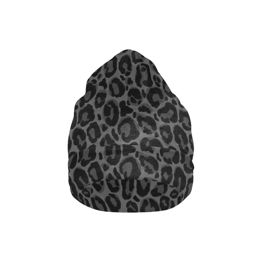 Black Leopard Beanie Cap, Grey Cheetah Animal Print Soft Fleece Party Men Women Cool Cute Stretchy Winter Adult Aesthetic Hat Gift