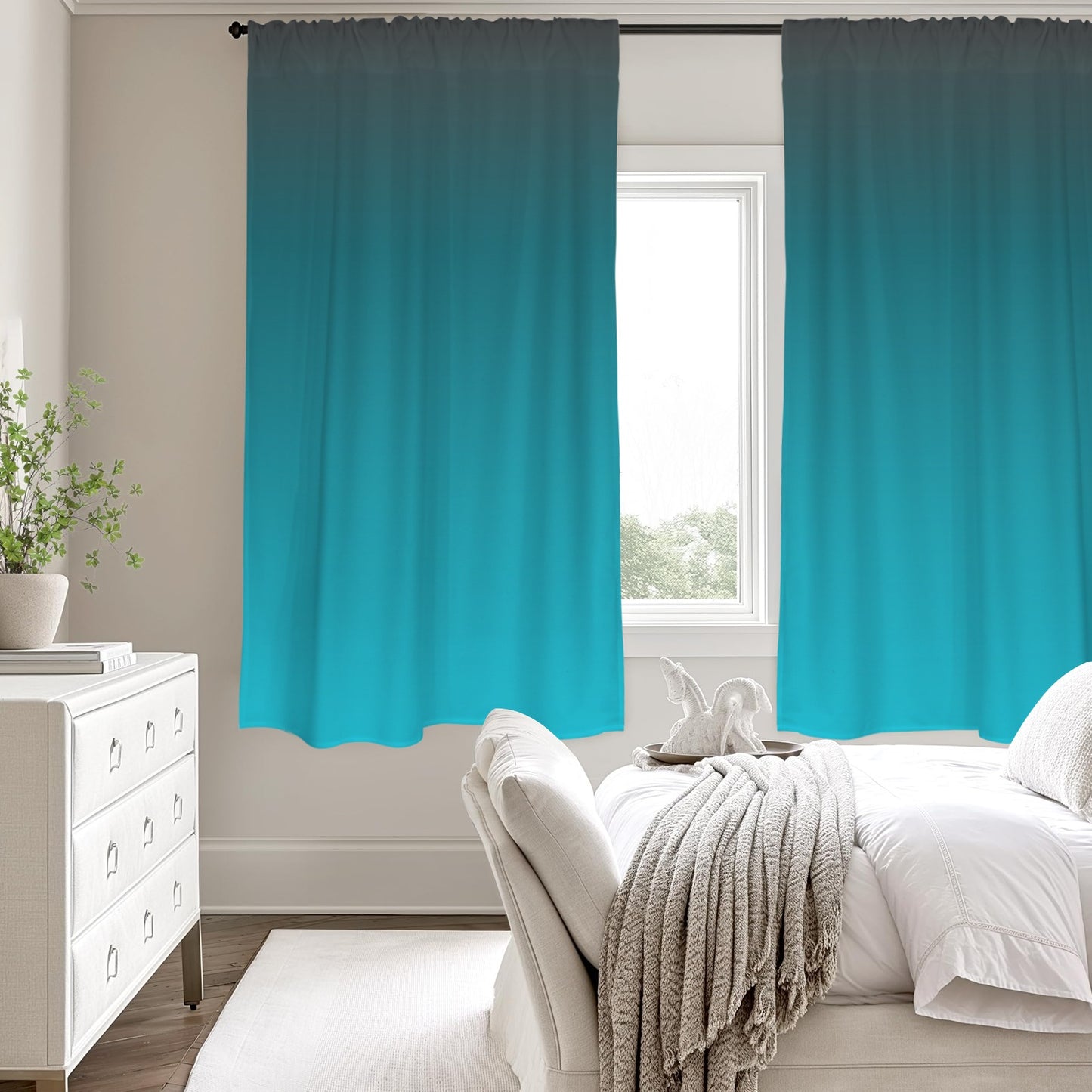 Turquoise Teal Window Curtain, Ombre Gradient Color Kitchen Living Room Bedroom Bathroom Fabric Unique Rod Pocket Decor Housewarming Home