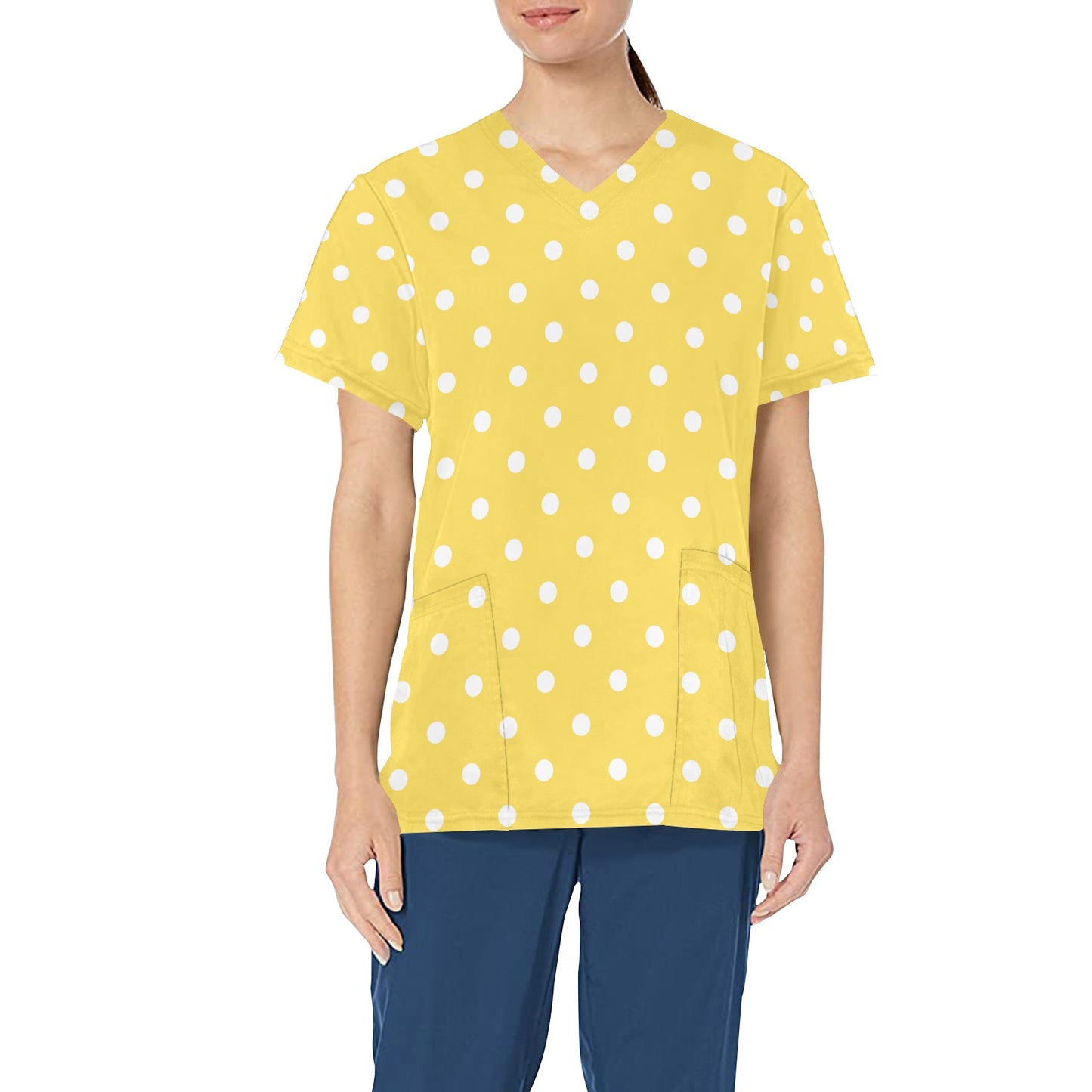 Yellow Polka Dots Medical Scrubs Top Women, Printed Ladies Female Plus Size Nursing Nurse Vet Veterinary Uniform Pockets Patterned