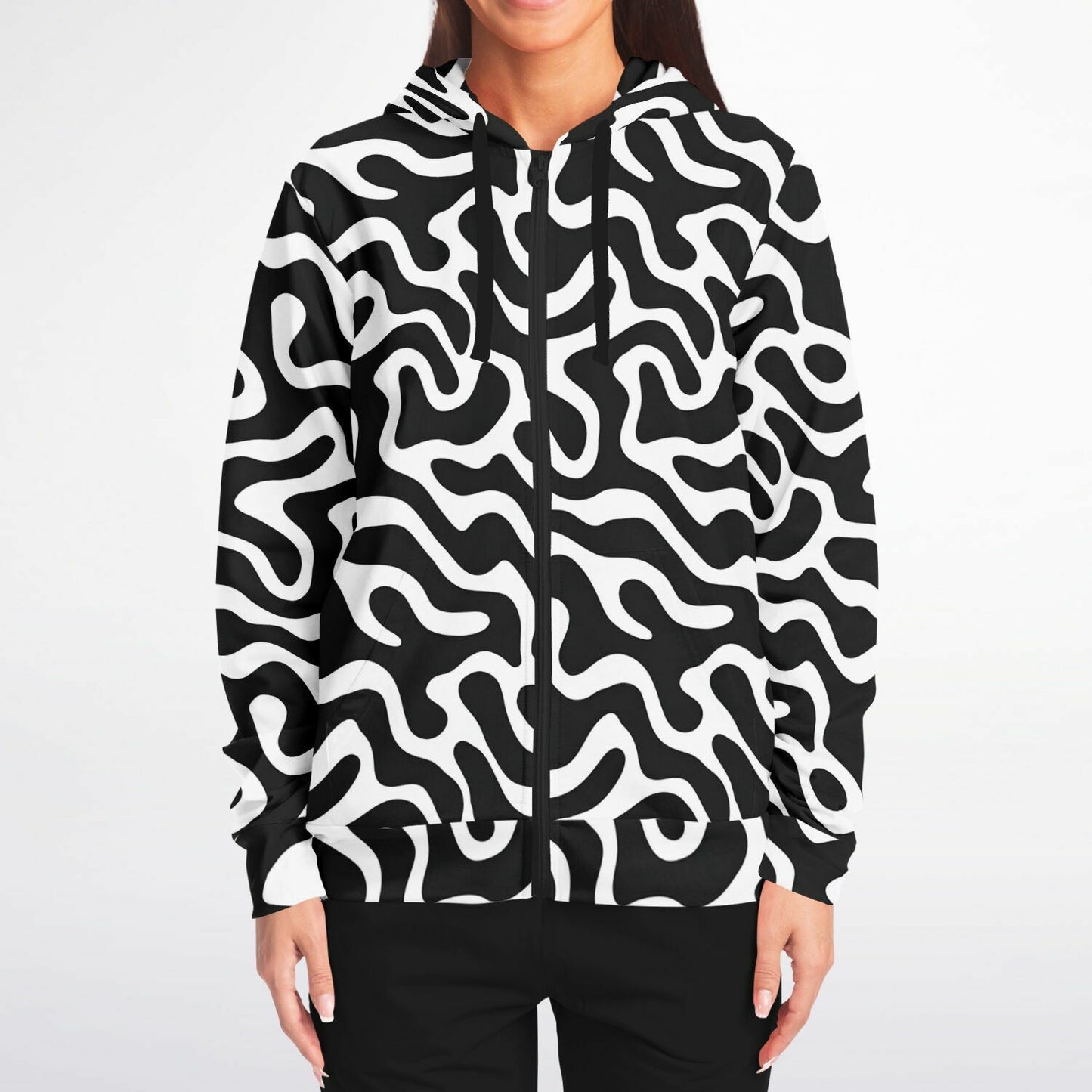 Black White Zip Up Hoodie, Trippy Psychedelic Wavy Groovy Funky Full Zipper Pocket Men Women Unisex Adult Cotton Fleece Hooded Sweatshirt