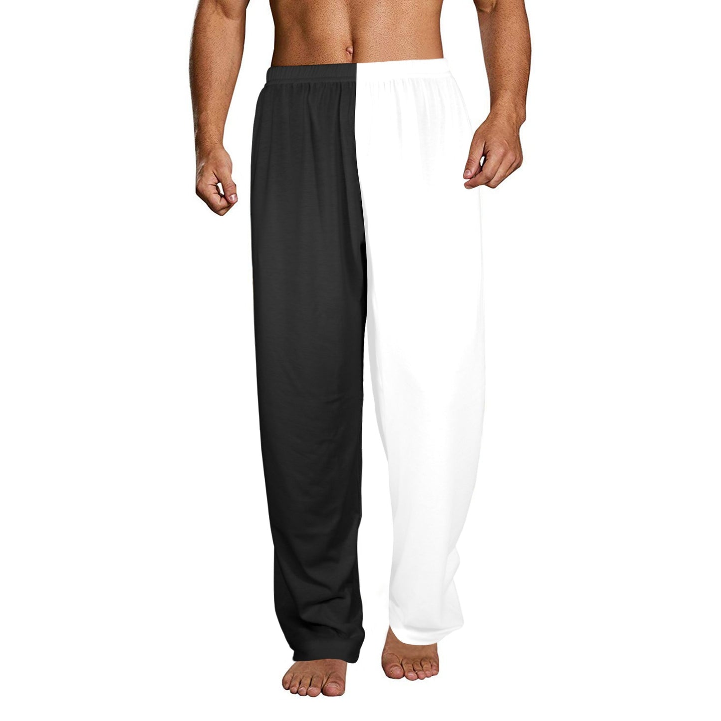 Half Black Half White Men Pajamas Pants, Black White Two Tone Color Split PJ Pockets Sleep Trousers Couples Washable Trousers Bottoms