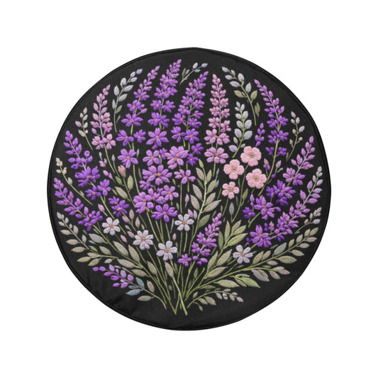 Purple Flowers Spare Tire Cover, Lavender Lilac Floral Faux Embroidery Print Floral Wheel Auto Car Backup Camera Hole Trailer Back Women RV