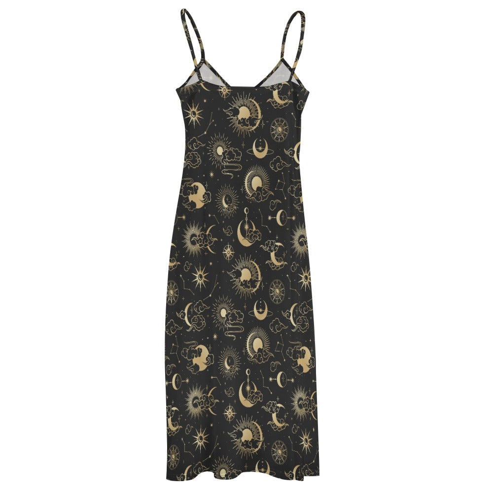 Sun Moon Maxi Dress, Space Constellation Stars Long Spaghetti Straps Flowy Women Sleeveless Designer Plus Size Cocktail Party Summer
